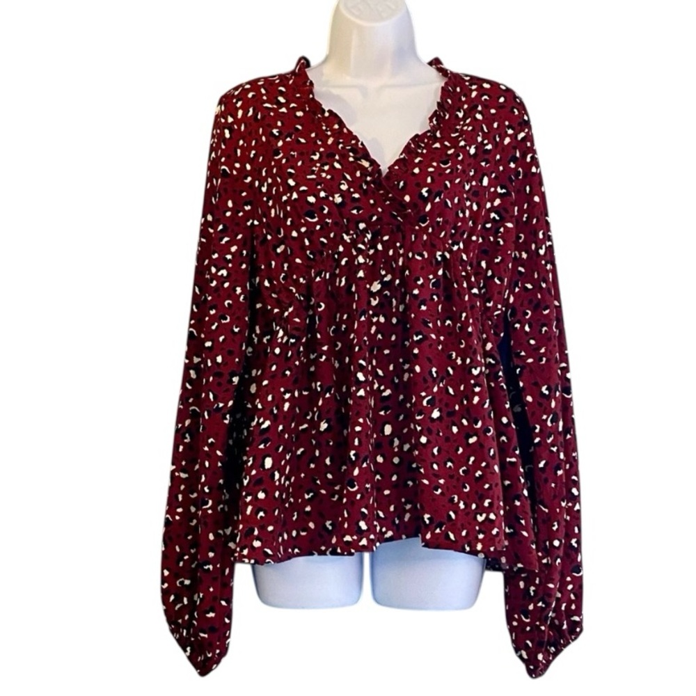 NWT Newbury Kustom Burgundy Animal Print Long Sleeve Peasant Blouse Sz XXL